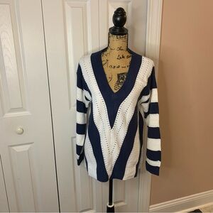 Crochet Knit Navy and White V-Neck Long Sleeve Sweater